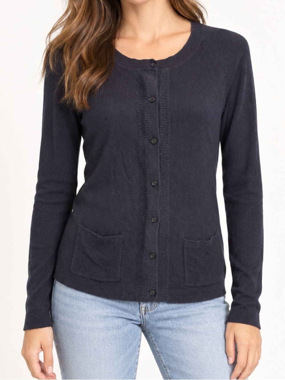 Talbots Navy Ribbed Cotton Silk Blend Cardigan Sweater Size Small